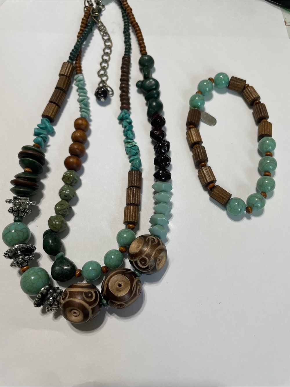 Summer - Treska Beaded Turquoise & Wood Statement Necklace and Bracelet Set